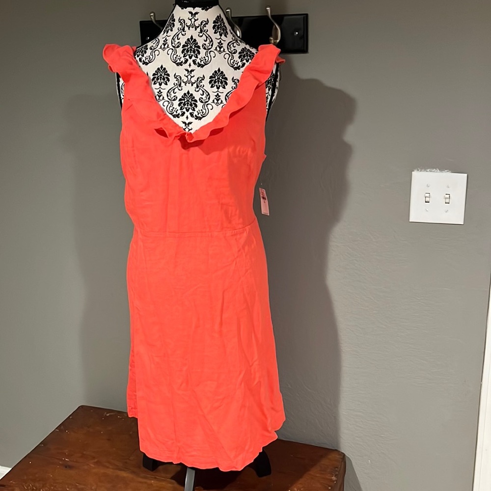 New, coral sleeveless dress with ruffle neckline Tall